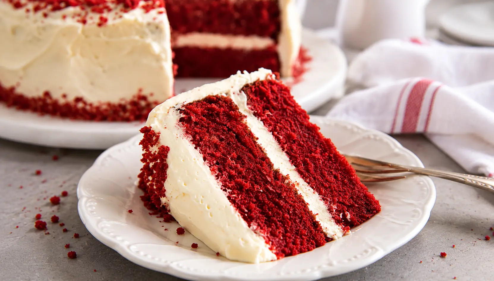 Slice of red velvet layer cake