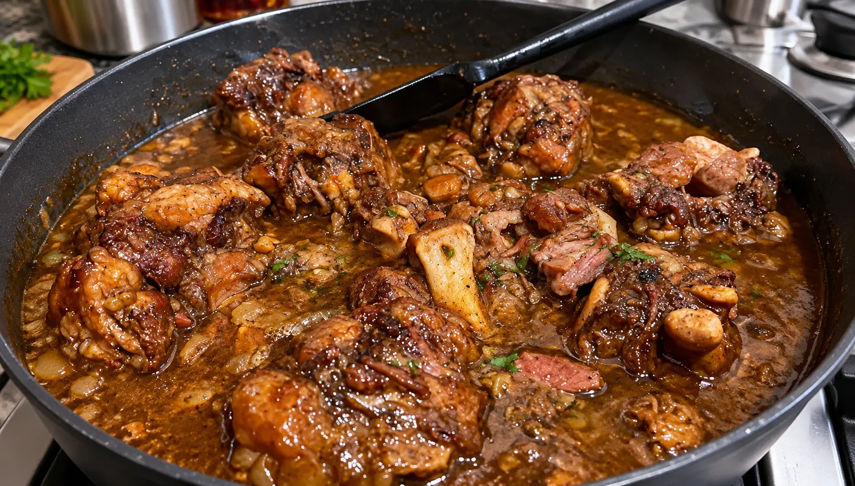 Smothered oxtails in rich gravy